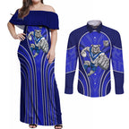 Canterbury Bankstown Bulldogs Rugby Mascot Couples Matching Off Shoulder Maxi Dress and Long Sleeve Button Shirt Australian Rugby Culture - Tribal Inspired Bulldog