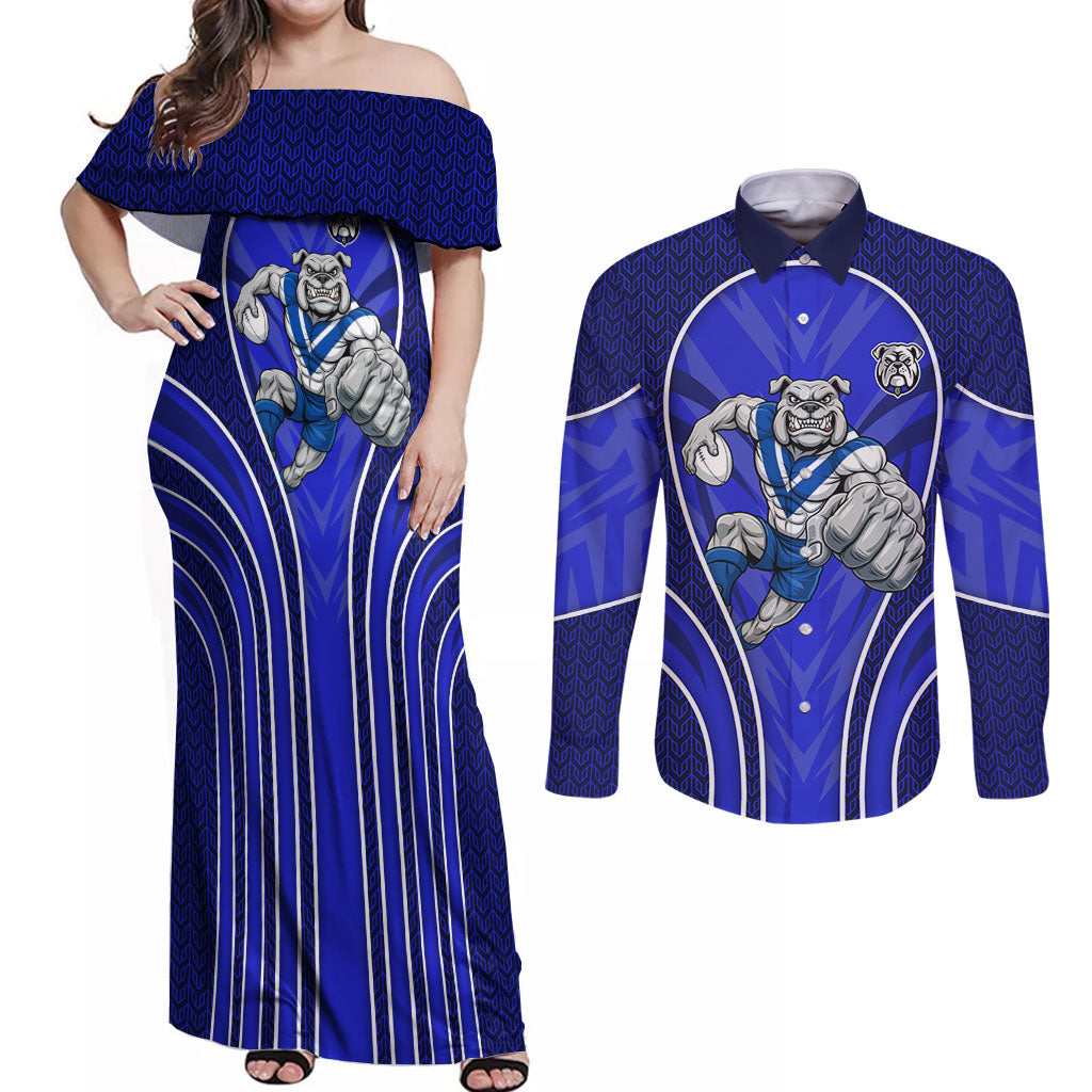 Canterbury Bankstown Bulldogs Rugby Mascot Couples Matching Off Shoulder Maxi Dress and Long Sleeve Button Shirt Australian Rugby Culture - Tribal Inspired Bulldog