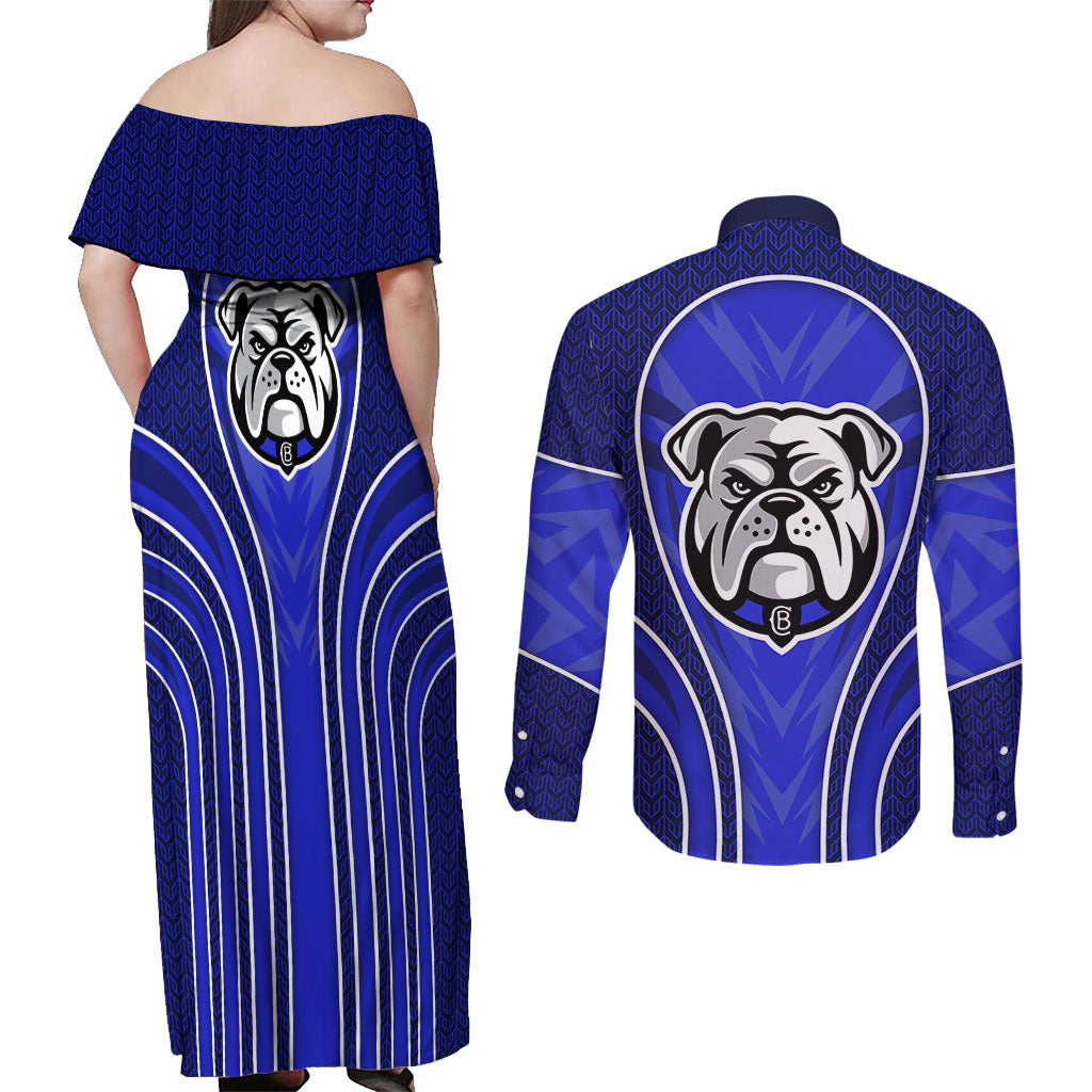 Canterbury Bankstown Bulldogs Rugby Mascot Couples Matching Off Shoulder Maxi Dress and Long Sleeve Button Shirt Australian Rugby Culture - Tribal Inspired Bulldog