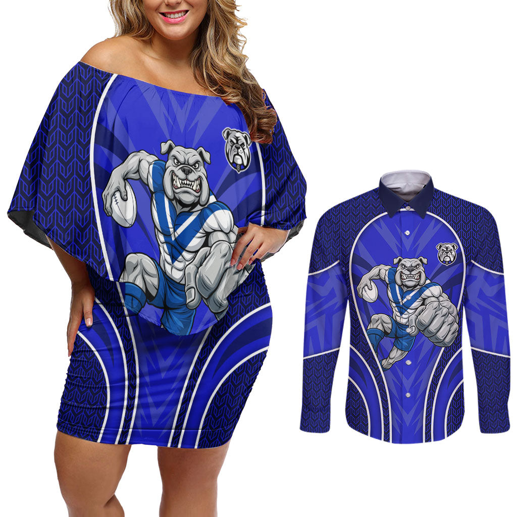 Canterbury Bankstown Bulldogs Rugby Mascot Couples Matching Off Shoulder Short Dress and Long Sleeve Button Shirt Australian Rugby Culture - Tribal Inspired Bulldog