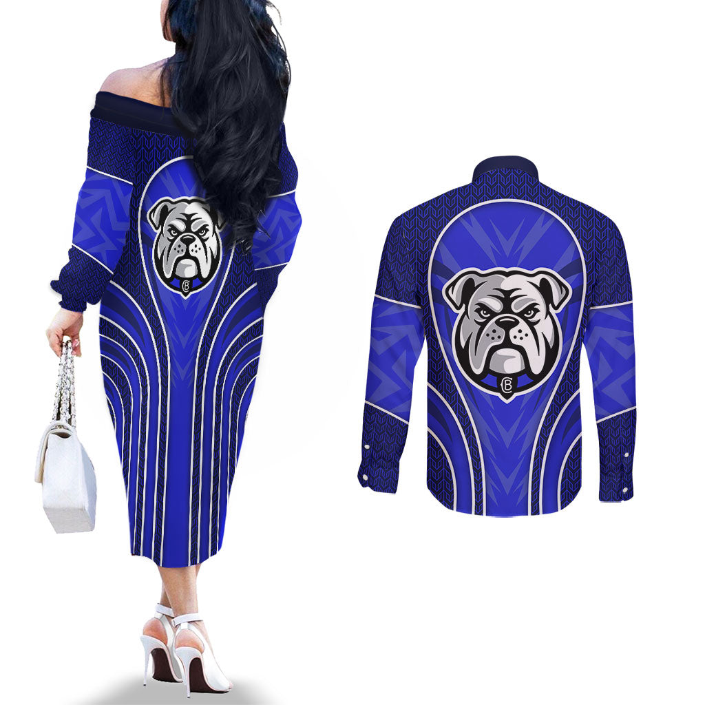 Canterbury Bankstown Bulldogs Rugby Mascot Couples Matching Off The Shoulder Long Sleeve Dress and Long Sleeve Button Shirt Australian Rugby Culture - Tribal Inspired Bulldog