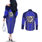 Canterbury Bankstown Bulldogs Rugby Mascot Couples Matching Off The Shoulder Long Sleeve Dress and Long Sleeve Button Shirt Australian Rugby Culture - Tribal Inspired Bulldog