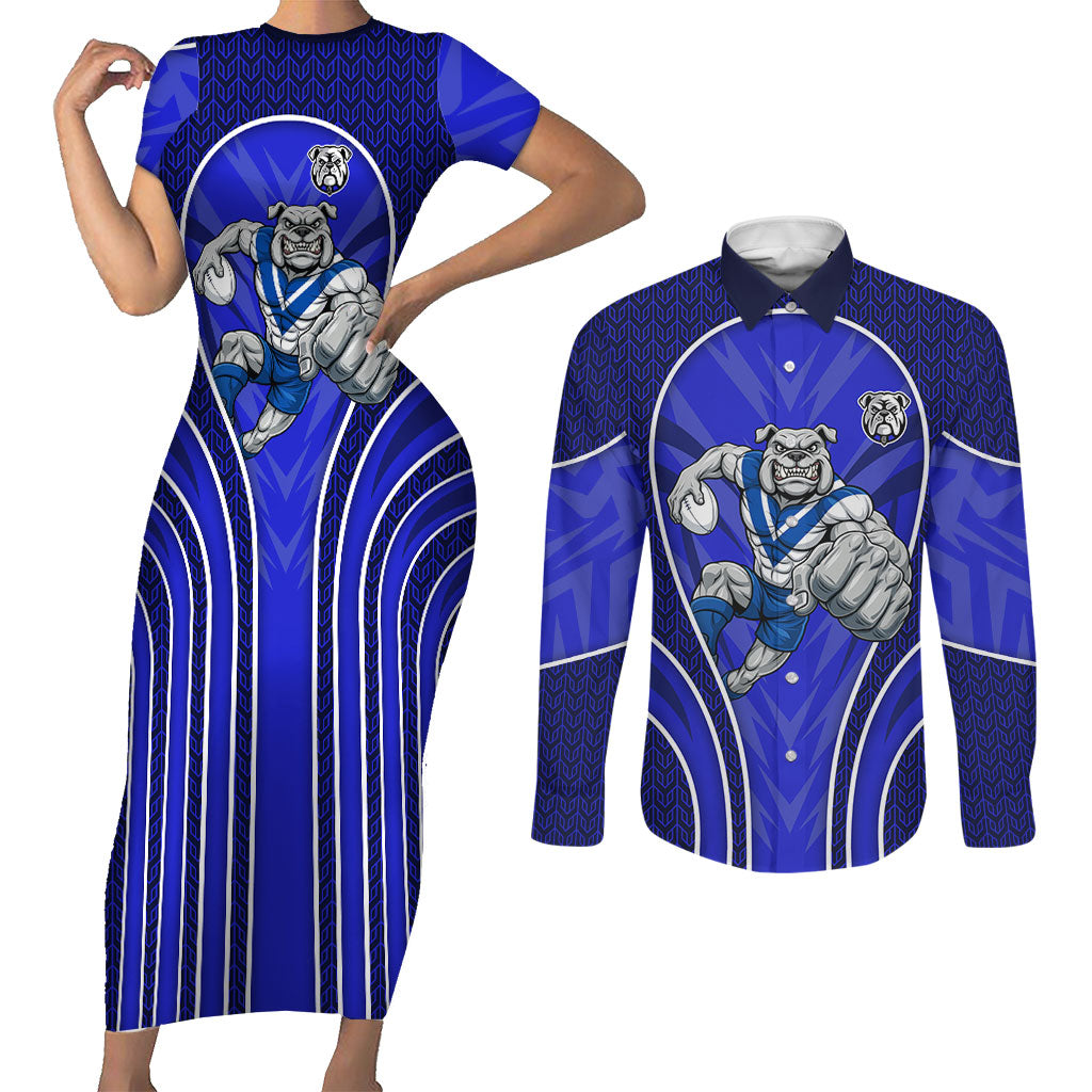 Canterbury Bankstown Bulldogs Rugby Mascot Couples Matching Short Sleeve Bodycon Dress and Long Sleeve Button Shirt Australian Rugby Culture - Tribal Inspired Bulldog