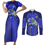 Canterbury Bankstown Bulldogs Rugby Mascot Couples Matching Short Sleeve Bodycon Dress and Long Sleeve Button Shirt Australian Rugby Culture - Tribal Inspired Bulldog