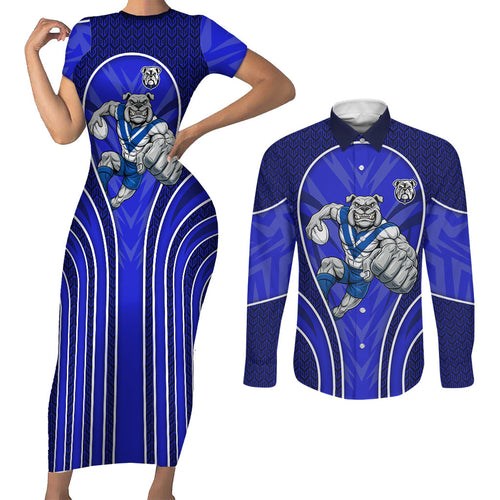 Canterbury Bankstown Bulldogs Rugby Mascot Couples Matching Short Sleeve Bodycon Dress and Long Sleeve Button Shirt Australian Rugby Culture - Tribal Inspired Bulldog