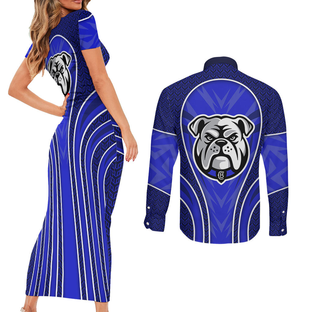 Canterbury Bankstown Bulldogs Rugby Mascot Couples Matching Short Sleeve Bodycon Dress and Long Sleeve Button Shirt Australian Rugby Culture - Tribal Inspired Bulldog