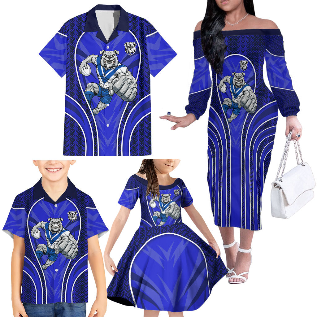 Canterbury Bankstown Bulldogs Rugby Mascot Family Matching Off The Shoulder Long Sleeve Dress and Hawaiian Shirt Australian Rugby Culture - Tribal Inspired Bulldog