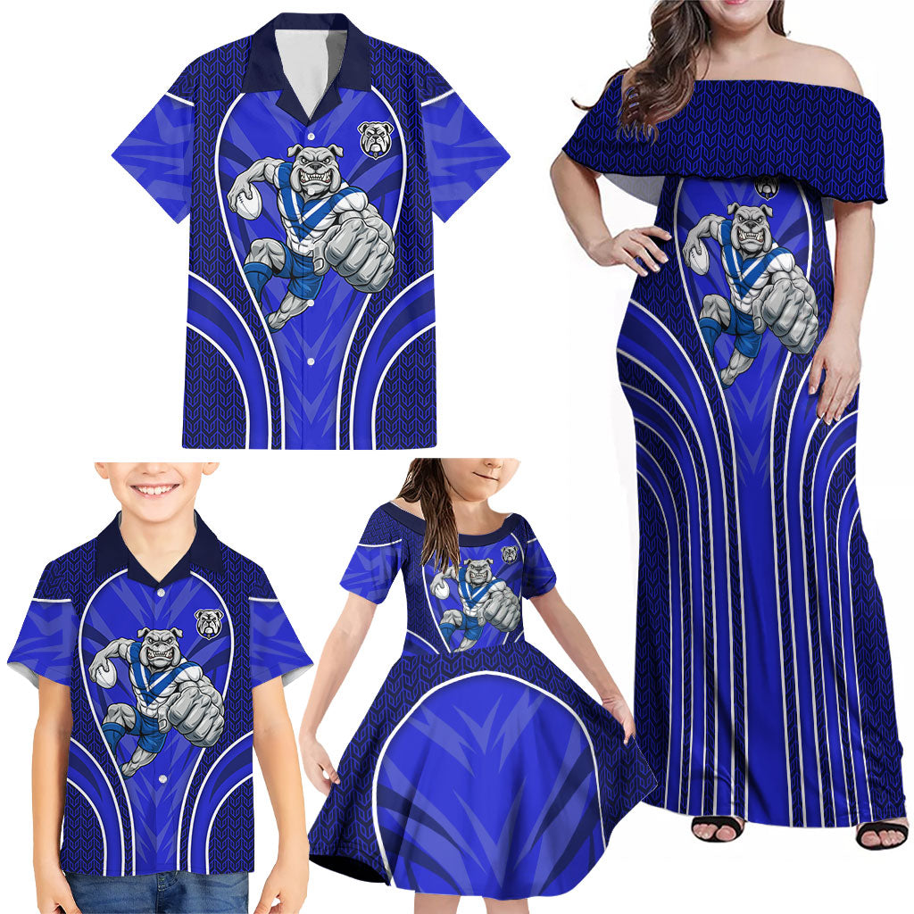 Canterbury Bankstown Bulldogs Rugby Mascot Family Matching Off Shoulder Maxi Dress and Hawaiian Shirt Australian Rugby Culture - Tribal Inspired Bulldog
