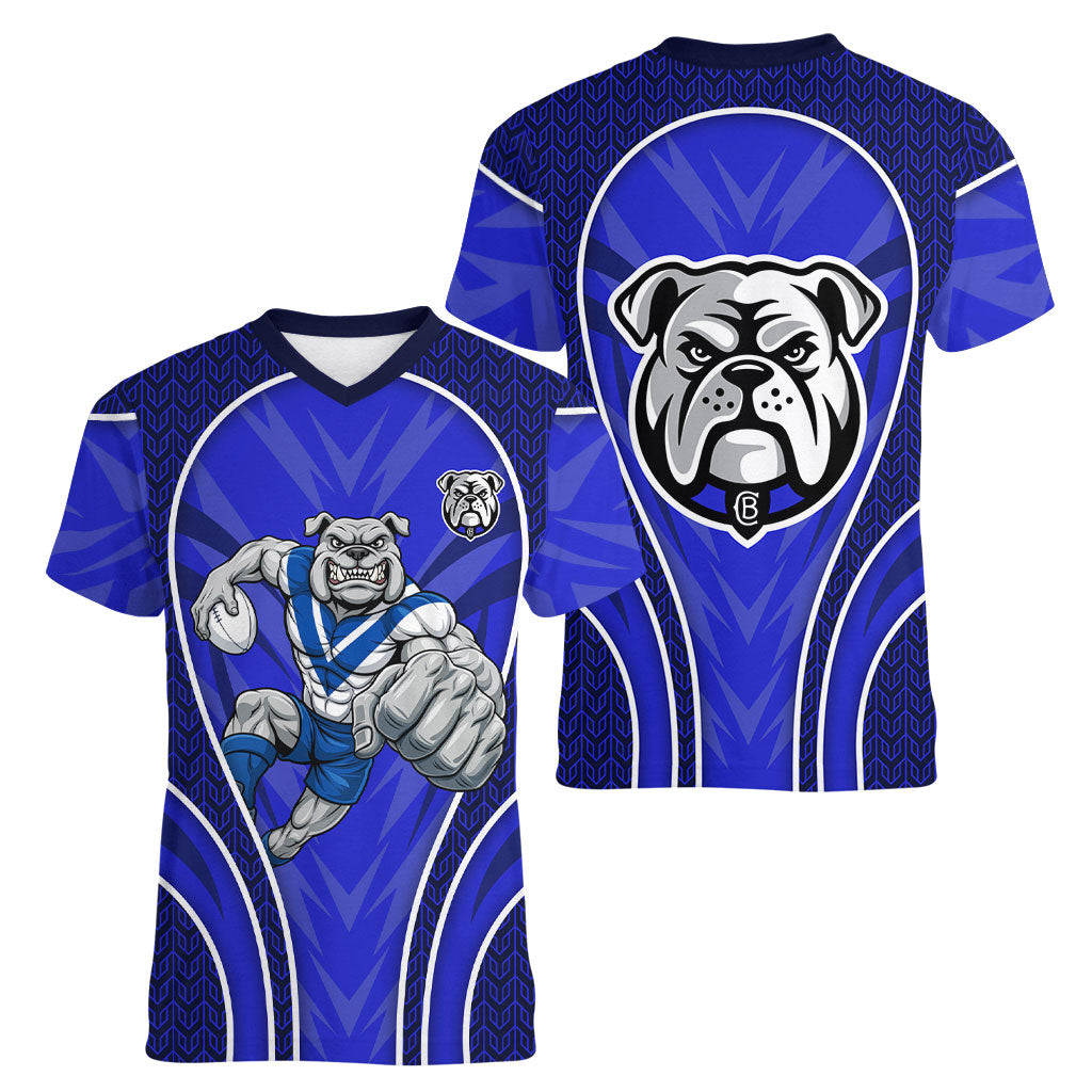 Canterbury Bankstown Bulldogs Rugby Mascot Women V-Neck T-Shirt Australian Rugby Culture - Tribal Inspired Bulldog