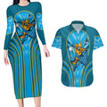 Gold Coast Titans Rugby Mascot Couples Matching Long Sleeve Bodycon Dress and Hawaiian Shirt Australian Rugby Culture - Tribal Inspired Warrior Titan