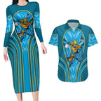 Gold Coast Titans Rugby Mascot Couples Matching Long Sleeve Bodycon Dress and Hawaiian Shirt Australian Rugby Culture - Tribal Inspired Warrior Titan