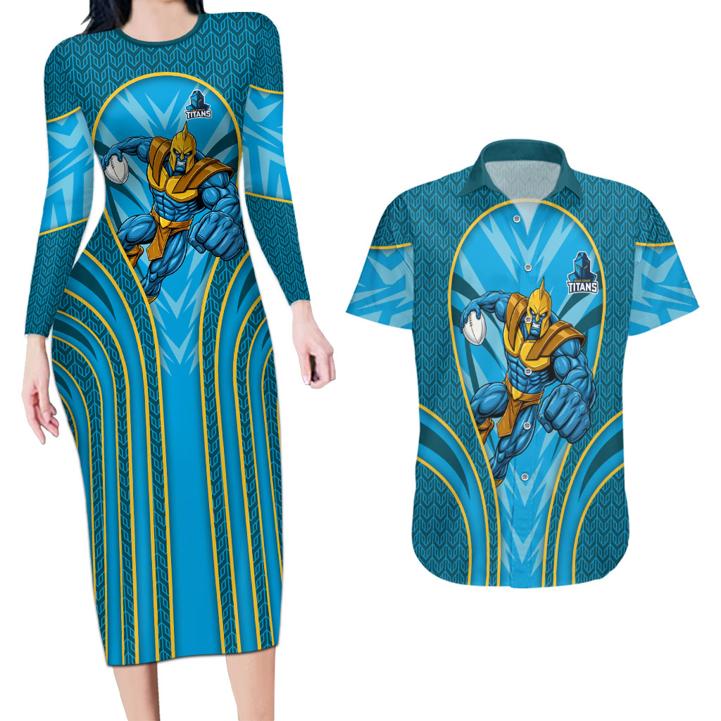 Gold Coast Titans Rugby Mascot Couples Matching Long Sleeve Bodycon Dress and Hawaiian Shirt Australian Rugby Culture - Tribal Inspired Warrior Titan