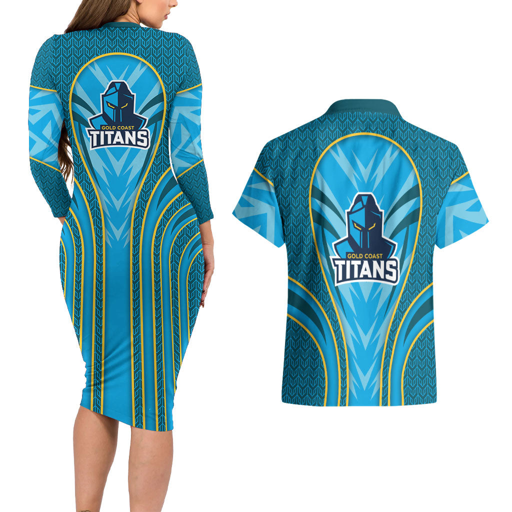 Gold Coast Titans Rugby Mascot Couples Matching Long Sleeve Bodycon Dress and Hawaiian Shirt Australian Rugby Culture - Tribal Inspired Warrior Titan