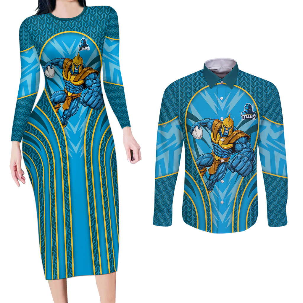 Gold Coast Titans Rugby Mascot Couples Matching Long Sleeve Bodycon Dress and Long Sleeve Button Shirt Australian Rugby Culture - Tribal Inspired Warrior Titan