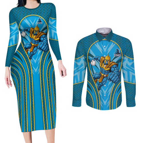 Gold Coast Titans Rugby Mascot Couples Matching Long Sleeve Bodycon Dress and Long Sleeve Button Shirt Australian Rugby Culture - Tribal Inspired Warrior Titan