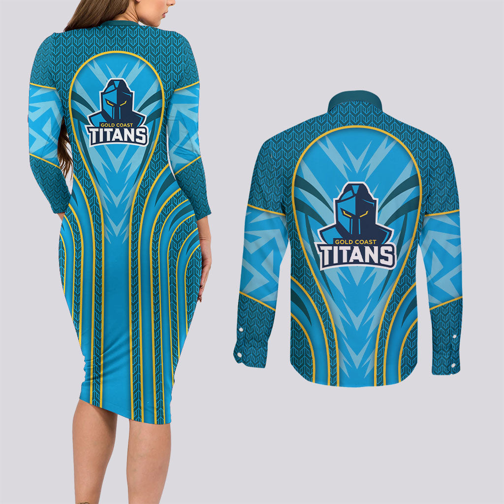 Gold Coast Titans Rugby Mascot Couples Matching Long Sleeve Bodycon Dress and Long Sleeve Button Shirt Australian Rugby Culture - Tribal Inspired Warrior Titan