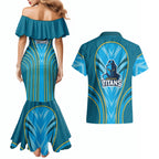 Gold Coast Titans Rugby Mascot Couples Matching Mermaid Dress and Hawaiian Shirt Australian Rugby Culture - Tribal Inspired Warrior Titan
