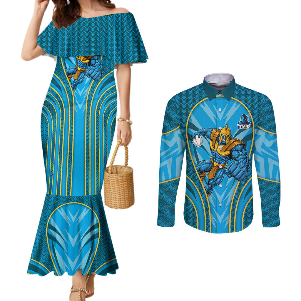 Gold Coast Titans Rugby Mascot Couples Matching Mermaid Dress and Long Sleeve Button Shirt Australian Rugby Culture - Tribal Inspired Warrior Titan