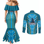 Gold Coast Titans Rugby Mascot Couples Matching Mermaid Dress and Long Sleeve Button Shirt Australian Rugby Culture - Tribal Inspired Warrior Titan