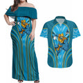Gold Coast Titans Rugby Mascot Couples Matching Off Shoulder Maxi Dress and Hawaiian Shirt Australian Rugby Culture - Tribal Inspired Warrior Titan