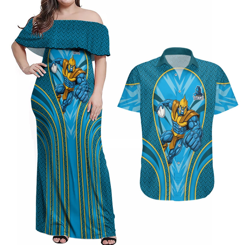 Gold Coast Titans Rugby Mascot Couples Matching Off Shoulder Maxi Dress and Hawaiian Shirt Australian Rugby Culture - Tribal Inspired Warrior Titan