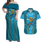 Gold Coast Titans Rugby Mascot Couples Matching Off Shoulder Maxi Dress and Hawaiian Shirt Australian Rugby Culture - Tribal Inspired Warrior Titan