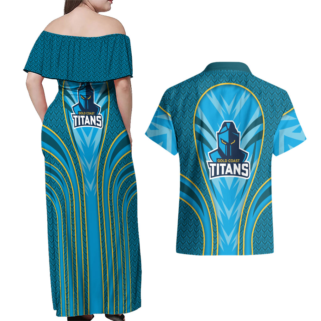 Gold Coast Titans Rugby Mascot Couples Matching Off Shoulder Maxi Dress and Hawaiian Shirt Australian Rugby Culture - Tribal Inspired Warrior Titan