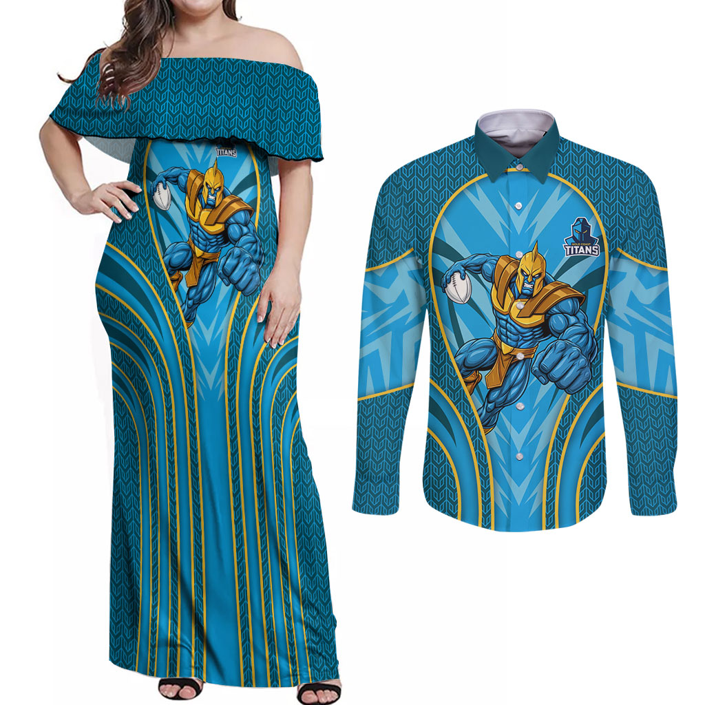 Gold Coast Titans Rugby Mascot Couples Matching Off Shoulder Maxi Dress and Long Sleeve Button Shirt Australian Rugby Culture - Tribal Inspired Warrior Titan