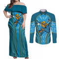 Gold Coast Titans Rugby Mascot Couples Matching Off Shoulder Maxi Dress and Long Sleeve Button Shirt Australian Rugby Culture - Tribal Inspired Warrior Titan