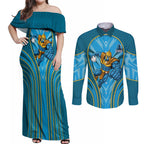 Gold Coast Titans Rugby Mascot Couples Matching Off Shoulder Maxi Dress and Long Sleeve Button Shirt Australian Rugby Culture - Tribal Inspired Warrior Titan