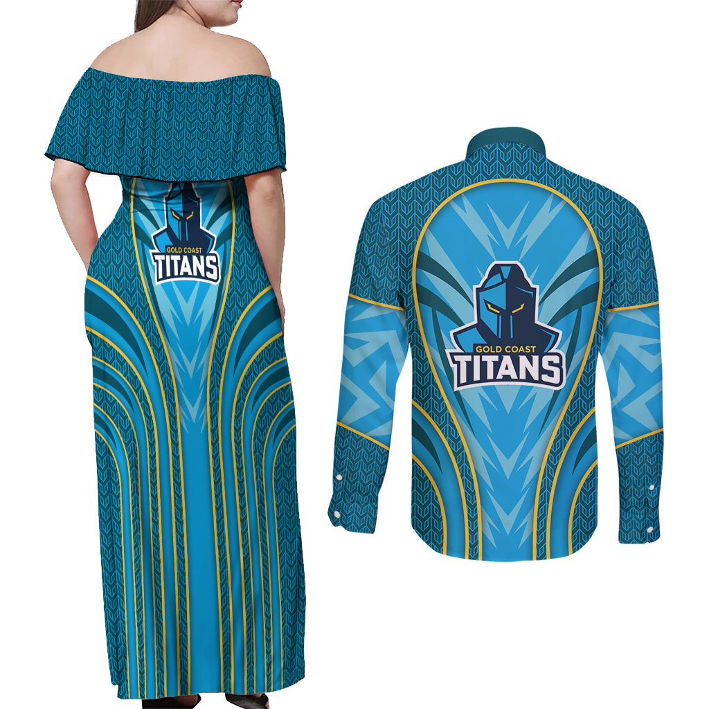 Gold Coast Titans Rugby Mascot Couples Matching Off Shoulder Maxi Dress and Long Sleeve Button Shirt Australian Rugby Culture - Tribal Inspired Warrior Titan