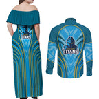 Gold Coast Titans Rugby Mascot Couples Matching Off Shoulder Maxi Dress and Long Sleeve Button Shirt Australian Rugby Culture - Tribal Inspired Warrior Titan