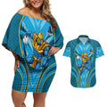 Gold Coast Titans Rugby Mascot Couples Matching Off Shoulder Short Dress and Hawaiian Shirt Australian Rugby Culture - Tribal Inspired Warrior Titan