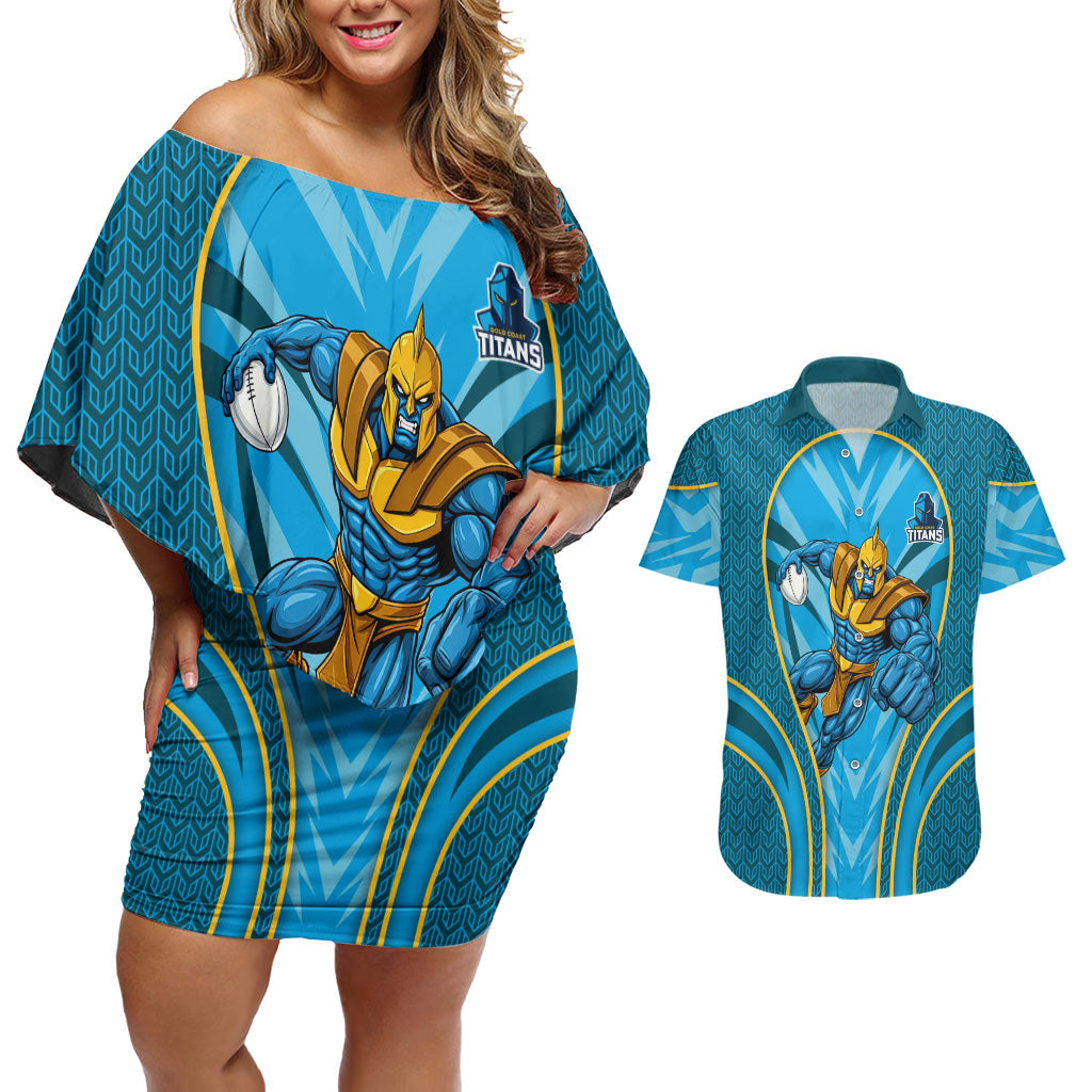 Gold Coast Titans Rugby Mascot Couples Matching Off Shoulder Short Dress and Hawaiian Shirt Australian Rugby Culture - Tribal Inspired Warrior Titan