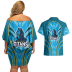 Gold Coast Titans Rugby Mascot Couples Matching Off Shoulder Short Dress and Hawaiian Shirt Australian Rugby Culture - Tribal Inspired Warrior Titan