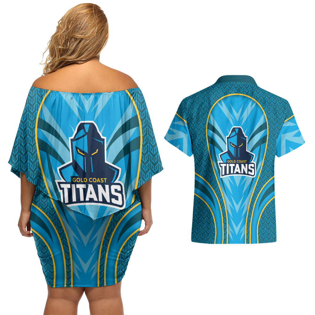 Gold Coast Titans Rugby Mascot Couples Matching Off Shoulder Short Dress and Hawaiian Shirt Australian Rugby Culture - Tribal Inspired Warrior Titan