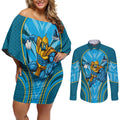 Gold Coast Titans Rugby Mascot Couples Matching Off Shoulder Short Dress and Long Sleeve Button Shirt Australian Rugby Culture - Tribal Inspired Warrior Titan