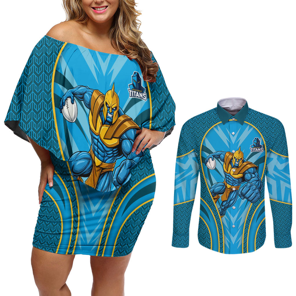 Gold Coast Titans Rugby Mascot Couples Matching Off Shoulder Short Dress and Long Sleeve Button Shirt Australian Rugby Culture - Tribal Inspired Warrior Titan