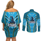 Gold Coast Titans Rugby Mascot Couples Matching Off Shoulder Short Dress and Long Sleeve Button Shirt Australian Rugby Culture - Tribal Inspired Warrior Titan