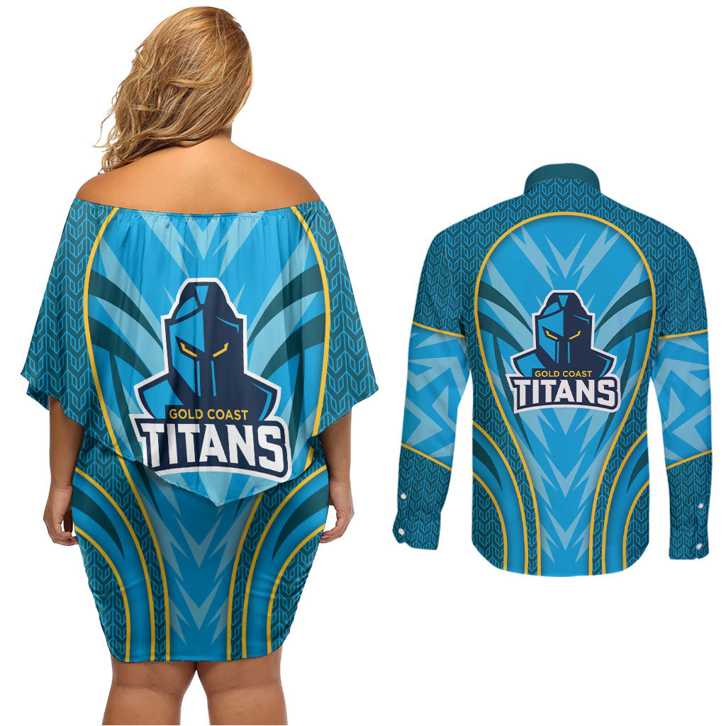 Gold Coast Titans Rugby Mascot Couples Matching Off Shoulder Short Dress and Long Sleeve Button Shirt Australian Rugby Culture - Tribal Inspired Warrior Titan