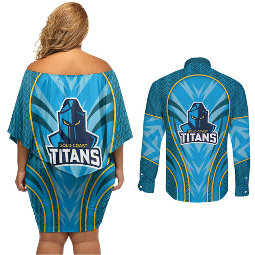 Gold Coast Titans Rugby Mascot Couples Matching Off Shoulder Short Dress and Long Sleeve Button Shirt Australian Rugby Culture - Tribal Inspired Warrior Titan