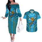 Gold Coast Titans Rugby Mascot Couples Matching Off The Shoulder Long Sleeve Dress and Hawaiian Shirt Australian Rugby Culture - Tribal Inspired Warrior Titan