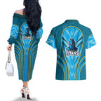 Gold Coast Titans Rugby Mascot Couples Matching Off The Shoulder Long Sleeve Dress and Hawaiian Shirt Australian Rugby Culture - Tribal Inspired Warrior Titan