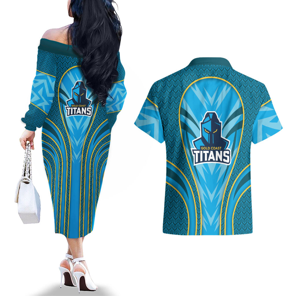 Gold Coast Titans Rugby Mascot Couples Matching Off The Shoulder Long Sleeve Dress and Hawaiian Shirt Australian Rugby Culture - Tribal Inspired Warrior Titan