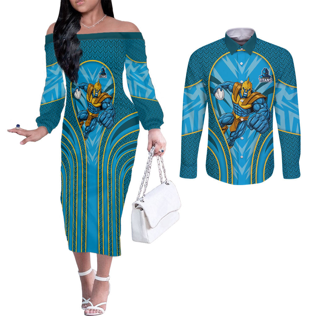 Gold Coast Titans Rugby Mascot Couples Matching Off The Shoulder Long Sleeve Dress and Long Sleeve Button Shirt Australian Rugby Culture - Tribal Inspired Warrior Titan