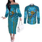 Gold Coast Titans Rugby Mascot Couples Matching Off The Shoulder Long Sleeve Dress and Long Sleeve Button Shirt Australian Rugby Culture - Tribal Inspired Warrior Titan