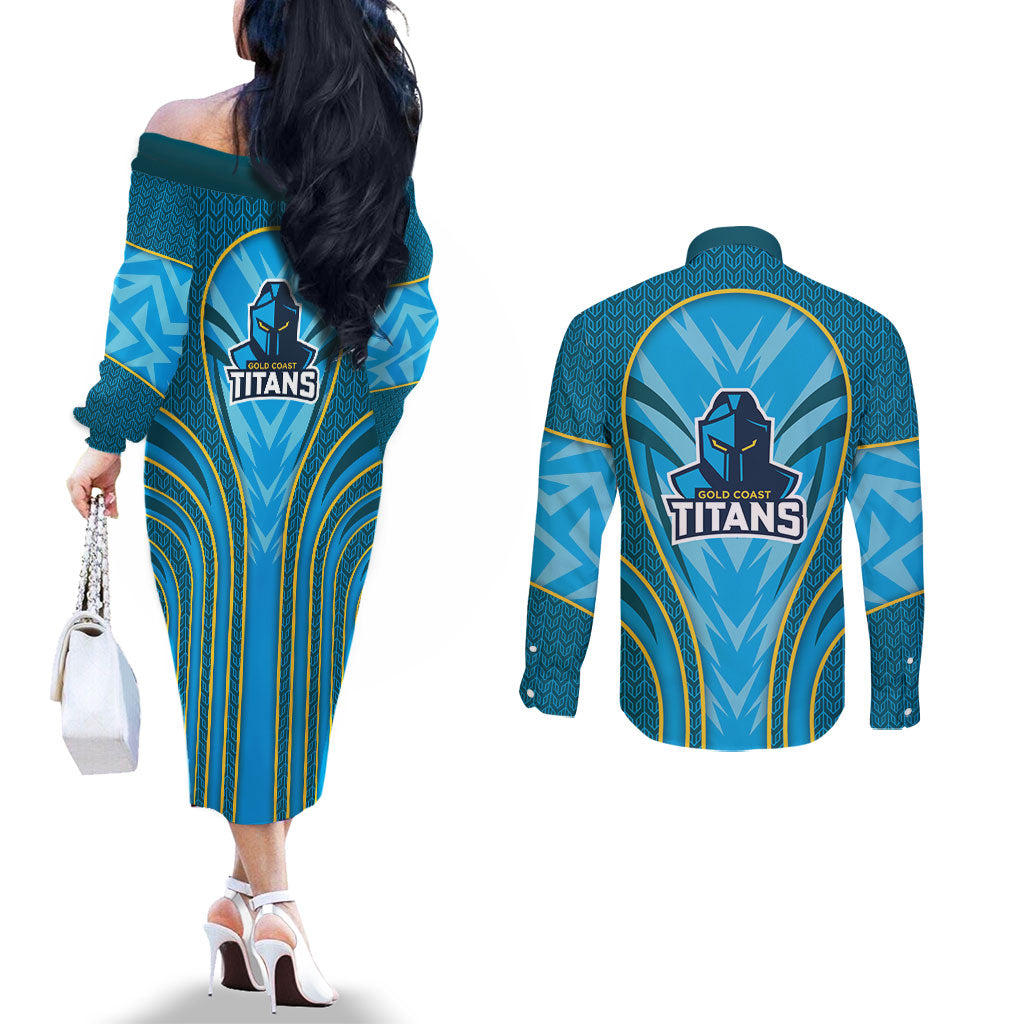 Gold Coast Titans Rugby Mascot Couples Matching Off The Shoulder Long Sleeve Dress and Long Sleeve Button Shirt Australian Rugby Culture - Tribal Inspired Warrior Titan