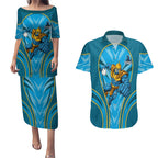 Gold Coast Titans Rugby Mascot Couples Matching Puletasi and Hawaiian Shirt Australian Rugby Culture - Tribal Inspired Warrior Titan
