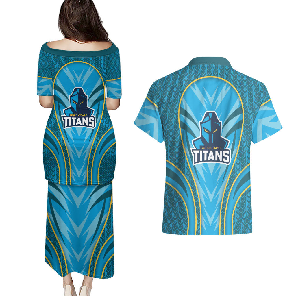 Gold Coast Titans Rugby Mascot Couples Matching Puletasi and Hawaiian Shirt Australian Rugby Culture - Tribal Inspired Warrior Titan