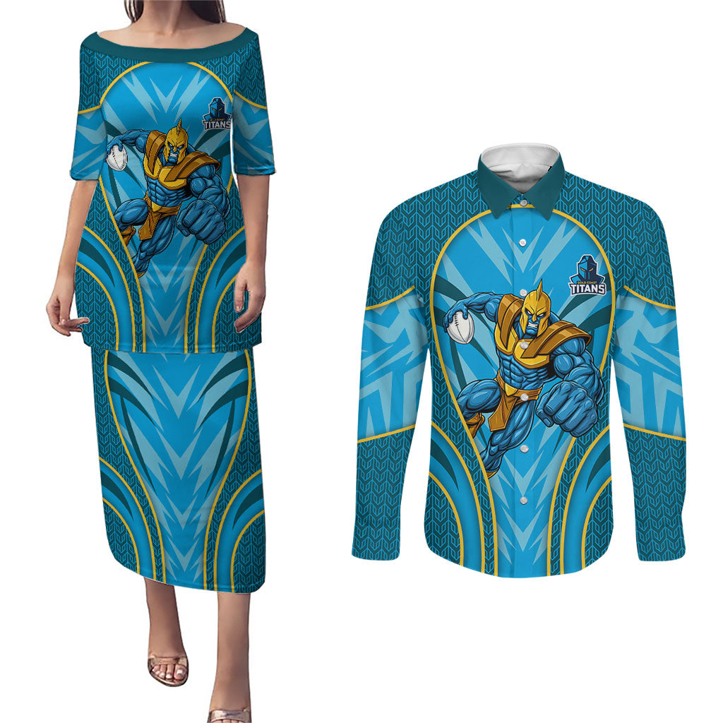 Gold Coast Titans Rugby Mascot Couples Matching Puletasi and Long Sleeve Button Shirt Australian Rugby Culture - Tribal Inspired Warrior Titan